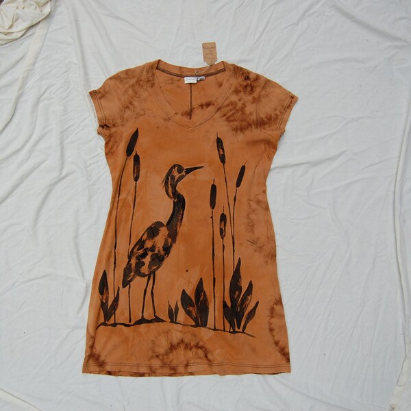 Upcycled Batik Tie Dye Heron and Cattails XL T-Shirt Dress OOAK Ecofashion Art To Wear Reworked Sustainable Nature Boho Hippie Wetlands