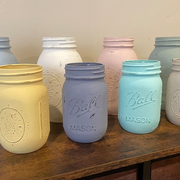 Distressed Colored Glass Jars - Each Sold Separately - Chalk-Painted Mason Jars, Spring Jars, Pastel Jars, Farmhouse Shabby-Chic