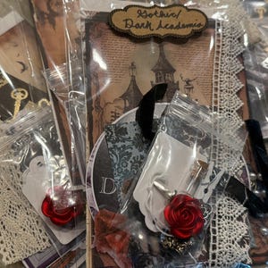 May include: A collection of Gothic and Dark Academia themed craft supplies. The image shows various items, including lace trim, red rose charms, and a tag that reads "Gothic/Dark Academia". The items are packaged in clear plastic bags.