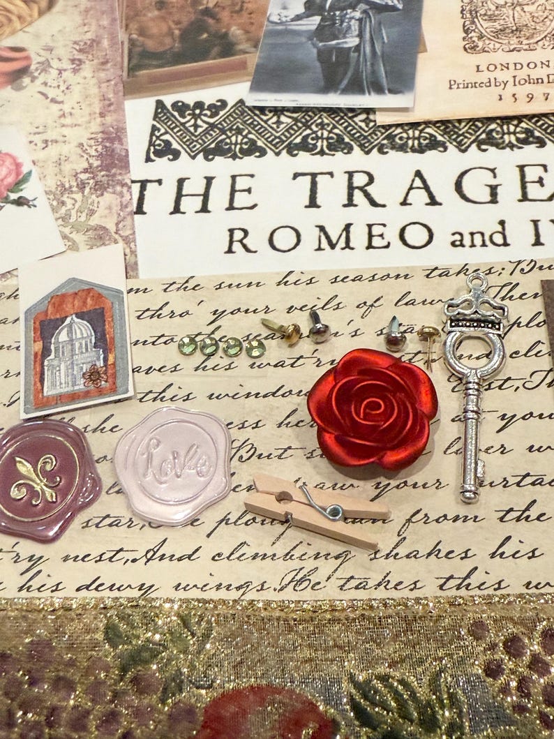 May include: A collage of vintage-style ephemera, including a red satin rose, a silver key charm, and wax seals. The text "THE TRAGE ROMEO and I" is visible, along with other handwritten script and a decorative border.