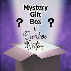 May include: A purple graphic with the text "Mystery Gift Box for Creative Writers." The box is open, with a bright light emanating from within. Question marks flank the box. The background is a gradient of purple and white with sparkles.