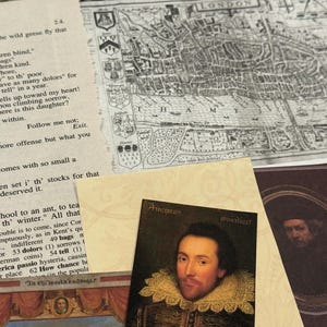 May include: A collection of vintage ephemera, including a map of London, pages of text from King Lear, and portraits. The image features a portrait of William Shakespeare and other historical documents.