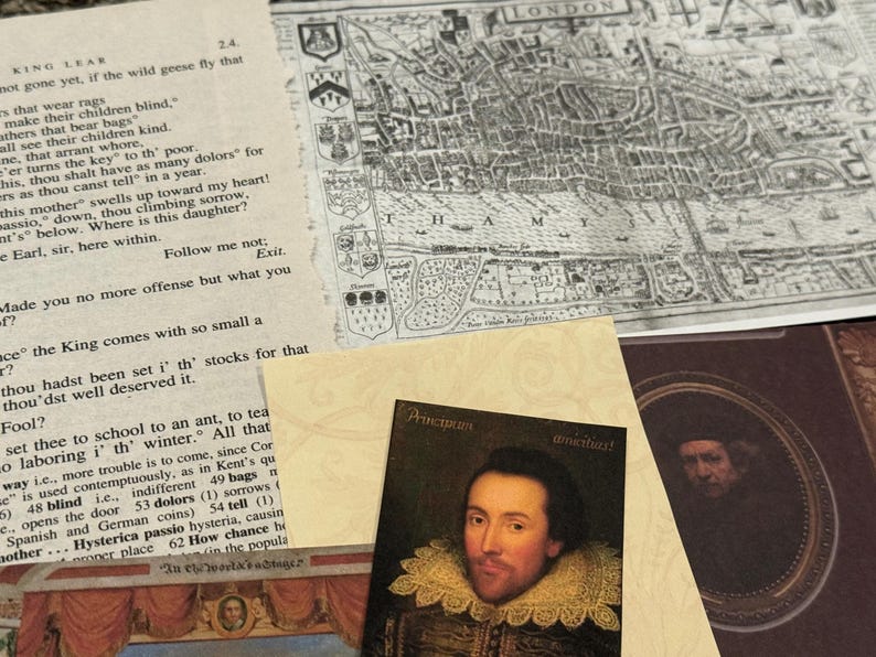 May include: A collection of vintage ephemera, including a map of London, pages of text from King Lear, and portraits. The image features a portrait of William Shakespeare and other historical documents.