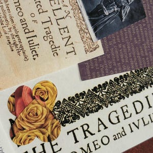 May include: A collage featuring vintage paper elements with text from "Romeo and Juliet." The design includes a black and white image, decorative borders, and heart-shaped cutouts with yellow roses. The words "THE TRAGEDY ROMEO and IVLIET" are prominently displayed.