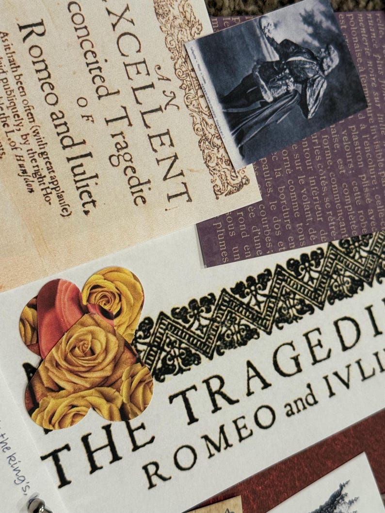 May include: A collage featuring vintage paper elements with text from "Romeo and Juliet." The design includes a black and white image, decorative borders, and heart-shaped cutouts with yellow roses. The words "THE TRAGEDY ROMEO and IVLIET" are prominently displayed.