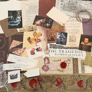 May include: A collection of vintage-style ephemera, including printed paper, illustrations, and decorative elements. The assortment features excerpts from Shakespearean plays, floral motifs, and antique portraits, creating a collage of historical and artistic elements.
