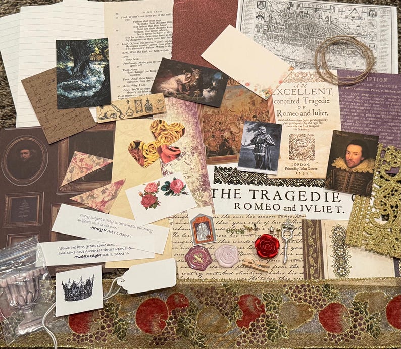 May include: A collection of vintage-style ephemera, including printed paper, illustrations, and decorative elements. The assortment features excerpts from Shakespearean plays, floral motifs, and antique portraits, creating a collage of historical and artistic elements.