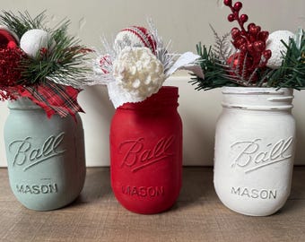 Set of 3 Christmas-themed chalk-painted Mason jars; red, white, green hand-painted Mason jars; chalk-painted Christmas decor, sold as set