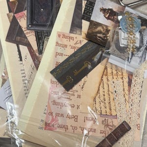 May include: A collection of vintage-themed scrapbook supplies, including paper ephemera, decorative embellishments, and a small, dark-colored book-shaped element. The items are packaged in clear plastic, showcasing a variety of textures and colors, perfect for crafting projects.