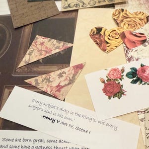 May include: A collage of vintage-style ephemera, including floral-patterned triangles, heart-shaped rose cutouts, and botanical illustrations. Text from Shakespearean plays is also visible. The color palette includes cream, brown, and pink.