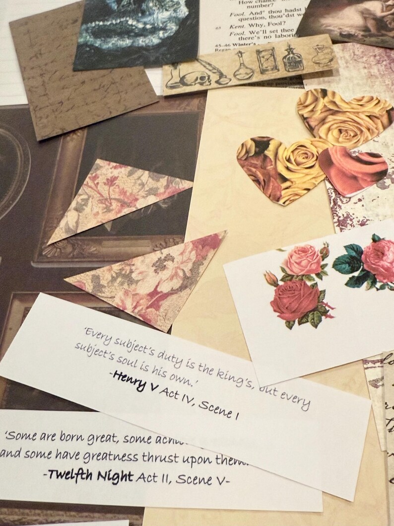 May include: A collage of vintage-style ephemera, including floral-patterned triangles, heart-shaped rose cutouts, and botanical illustrations. Text from Shakespearean plays is also visible. The color palette includes cream, brown, and pink.