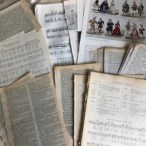 May include: A collection of vintage paper ephemera, including sheet music, dictionary pages, and illustrations of historical figures. The papers are aged with visible wear and tear, creating a nostalgic aesthetic.