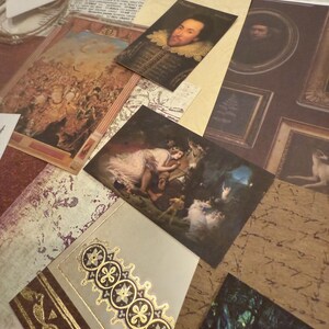 May include: A collection of vintage ephemera, including portraits, illustrations, and decorative papers. The images feature a portrait of a man with a ruff collar, a scene with figures, and a decorative card with gold accents. The color palette includes beige, brown, and gold.