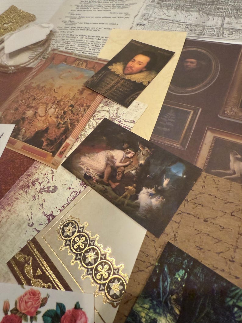 May include: A collection of vintage ephemera, including portraits, illustrations, and decorative papers. The images feature a portrait of a man with a ruff collar, a scene with figures, and a decorative card with gold accents. The color palette includes beige, brown, and gold.
