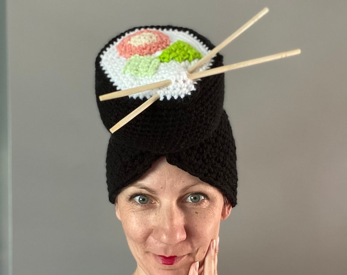 Crochet Sushi Hat with Chopsticks: Novelty Foodie Hat