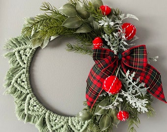 Christmas wreath, Yule wreath, macrame ring, winter wreath, macrame on the ring, mulberry, pine, ornaments wreath