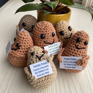 May include: Five crocheted potato plushies with smiling faces and encouraging messages. Each plush holds a card that reads "Positive Potato, I may be a tiny potato, but I believe in you. Go do your thing!"
