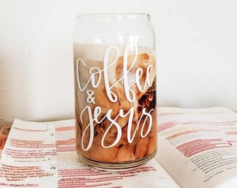 Coffee & Jesus Glass Cup | Libby Beer Glass | Glass Cup with Bamboo Lid | Iced Coffee Glass with Straw