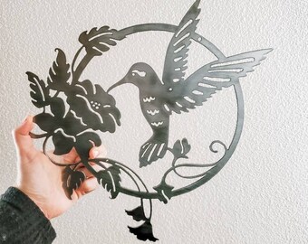 12" Metal Hummingbird with Flower