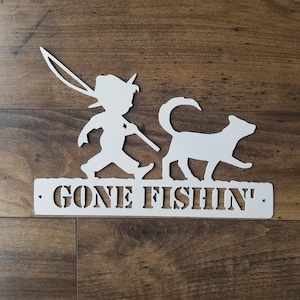 Gone Fishin&#39; Metal Sign | Fishing Sign | Boy and Dog