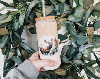 Watercolor Elk Glass Tumbler | Iced Coffee Cup With Bamboo Lid