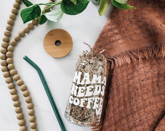 Mama Needs Coffee Glass Cup | Bamboo Lid & Straw, 16oz