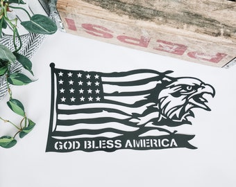 God Bless America American Flag with Eagle Metal Sign