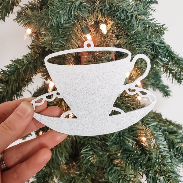 Metal Teacup Ornament | Glitter Teacup Ornament | Metal Coffee Cup Ornament | Coffee Cup Ornament | Glitter Coffee Ornament