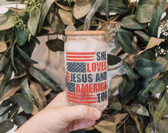 She Loves Jesus and America Too Glass Cup | Patriotic Glass Can Cup | Christian 4th of July Gift
