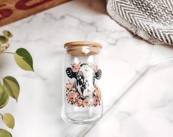 Floral Cow Glass Cup: Farmhouse Kitchen Decor