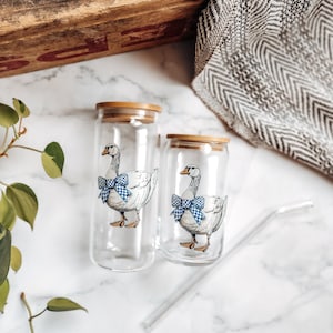 Goose glass cup with Blue Gingham Bow | Cottagecore Coffee Cup | Cute Goose Gift
