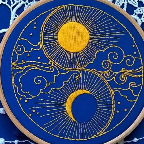 hand embroidery KIT -  Sun and Moon on blue background - beginner needlepoint kit - modern embroidery - yin and yang