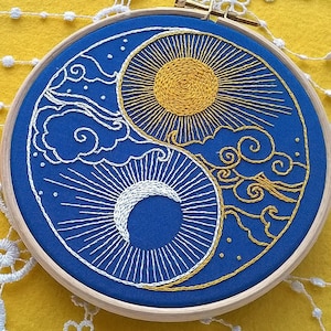 Traditionelles Stickset – Sonne und Mond – Yin und Yang – Moderne Stickerei – Stickset für Anfänger Bild 8