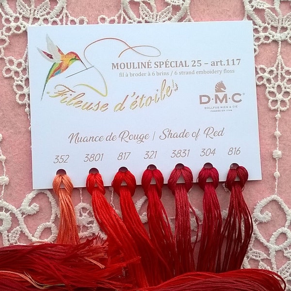 assortiment de 7 nuances de rouge - fils à broder DMC Mouliné spécial 25  art.117 , fils pour broderie