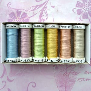 Peut inclure: Une boîte contenant six bobines de fil PARIS-5M aux couleurs pastel : bleu clair, rose, vert, jaune, pêche et crème. Chaque bobine a une étiquette blanche avec un numéro. La boîte est sur une surface à motifs floraux roses.
