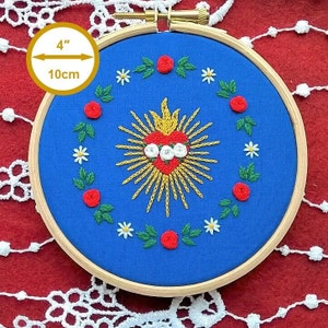 Immaculate Heart with floral wreath on blue fabric -  Sacred Heart design - Hand embroidery pattern - DIY home decor - Embroidery kit