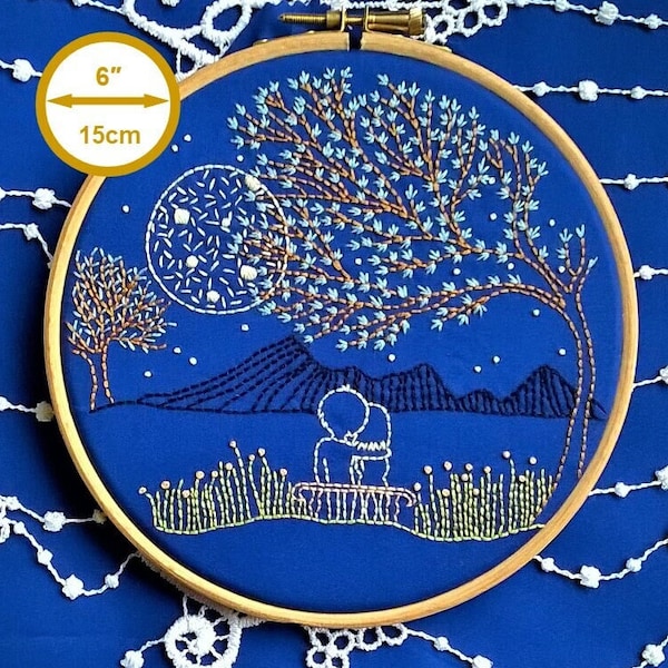 Kit de broderie traditionnelle - Amoureux au clair de Lune - Broderie moderne - tutoriel de broderie pour débutants