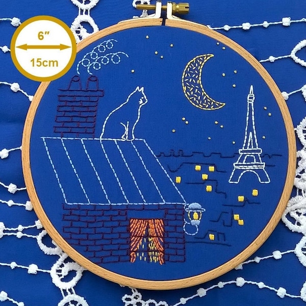 Cat Embroidery KIT -  hand embroidery kit -  beginner embroidery -  Paris by night - modern embroidery - needlework kit - DIY embroidery