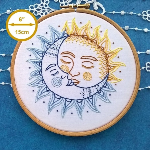 Kit de broderie traditionnelle - Soleil et Lune : Le baiser - Broderie moderne - kit de broderie débutant