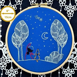 life is better with a dog - Hand Embroidery for beginner - kit embroidery design on blue background with girl, dog,  moonlight,shooting star