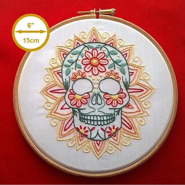 Embroidery KIT -  sugar skull hand embroidery pattern - mexican skull design -  contemporary needlework kit - stitching tutorial