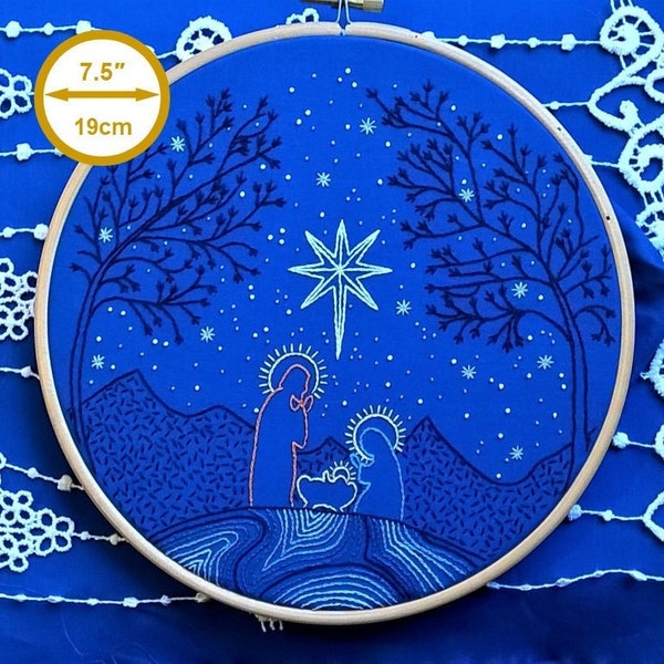 christmas embroidery kit, nativity scene design - hand embroidery pattern, beginner stitching kit, christmas wall decor, night sky design