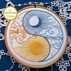 Sun and Moon, yin and yang hand embroidery KIT,  beginner needlepoint kit, modern embroidery