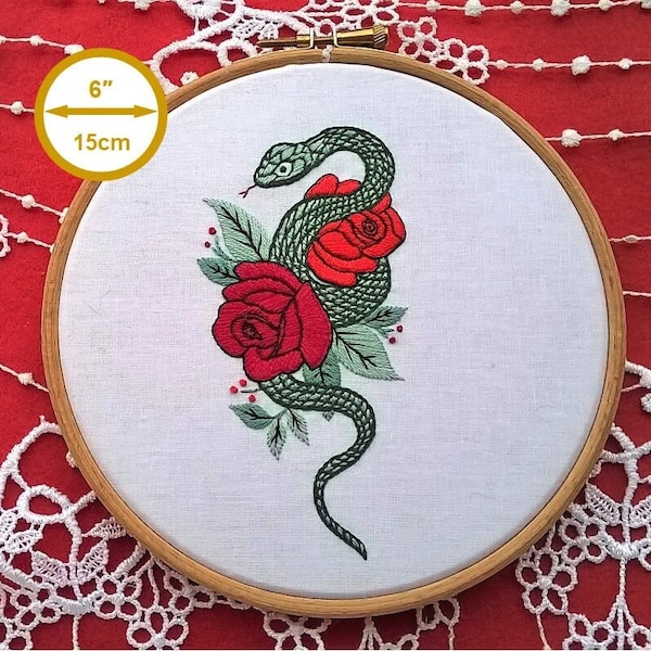 Kit de broderie - Serpent et roses - Broderie moderne inspiration tatouage - broderie main