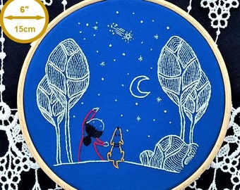 life is better with a dog - Hand Embroidery for beginner - kit embroidery design on blue background with girl, dog,  moonlight,shooting star