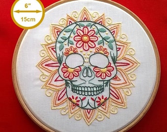 Embroidery KIT -  sugar skull hand embroidery pattern - mexican skull design -  contemporary needlework kit - stitching tutorial