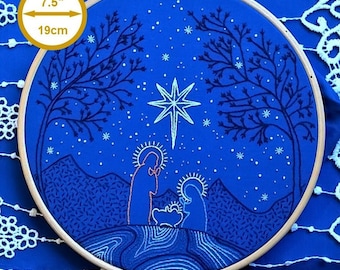 Kit de broderie traditionnelle - Nativité sur fond bleu - motif crèche de Noël - kit de broderie traditionnelle pour débutant