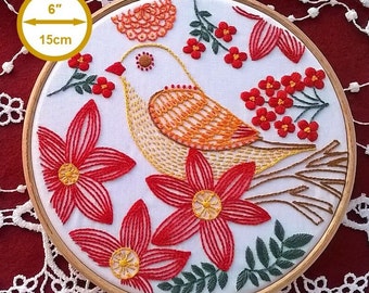 hand embroidery KIT -  bird and red flowers hand embroidery design - beginner needlepoint kit - modern embroidery