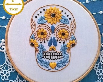 sugar skull hand embroidery kit - Embroidery pattern  - mexican skull design -  contemporary needlework kit - stitching tutorial
