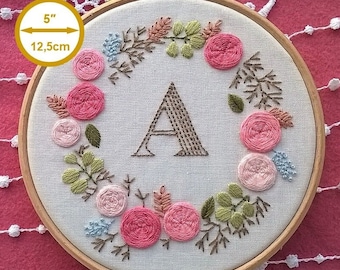 hand embroidery kit with letter and floral wreath - initial embroidery pattern - monogram needlework kit